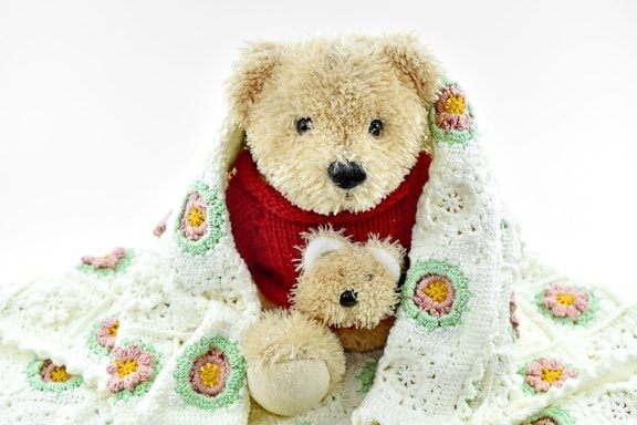 adorável, cobertor, feito à mão, confecção de malhas, malhas, ursinho de pelúcia brinquedo, Dom, brinquedo, lã, criança