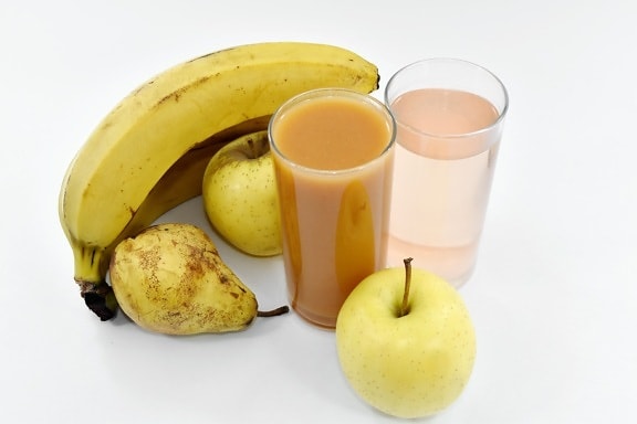 apples, banana, diet supplements, drinking water, fiber, fruit cocktail, fruit juice, pear, vitamins, fruit
