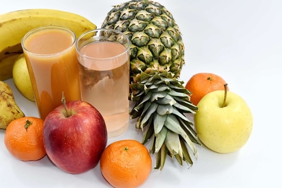 składniki, syrop, tropikalny, jedzenie, sok, produkcji, owoców cytrusowych, owoce, witaminy, jabłko