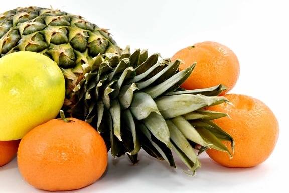 fruit, green leaves, organic, pineapple, tropical, citrus, mandarin, orange, food, produce