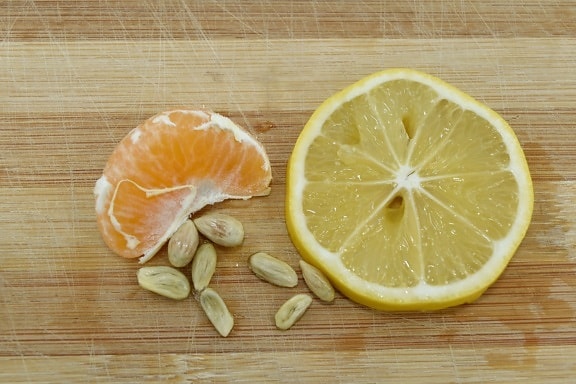 лимон, мандарин, семена, мокър, пресни, храна, дървен материал, сок, витамин, цитрусови плодове