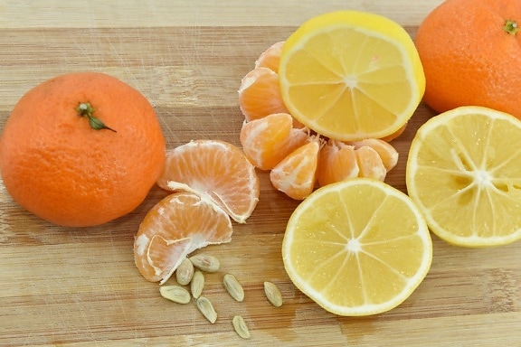 le petit déjeuner, citron, Mandarin, semences, tranches de, doux, mandarine, frais, en bonne santé, fruits