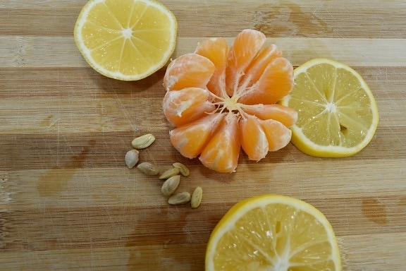 ovocie, citrón, oranžová, organ, osivo, plátky, drevo, jedlo, produkujú, šťava