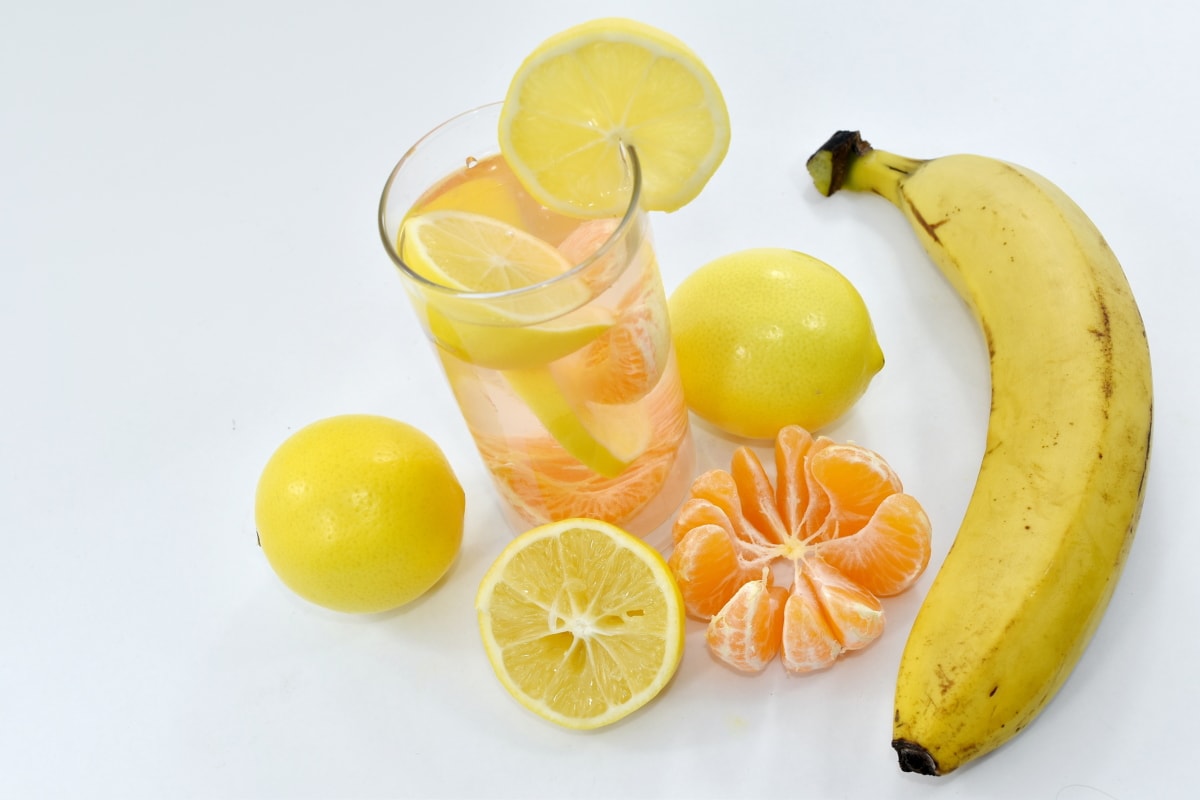 банан, коктейл, плодов сок, лимон, лимонада, вегетариански, цитрусови плодове, сок, Ориндж, плодове