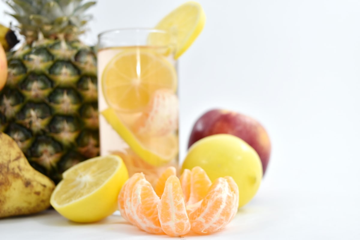cócteles, limón, limonada, pera, rebanadas de, mandarina, naranja, tropical, alimentos, saludable