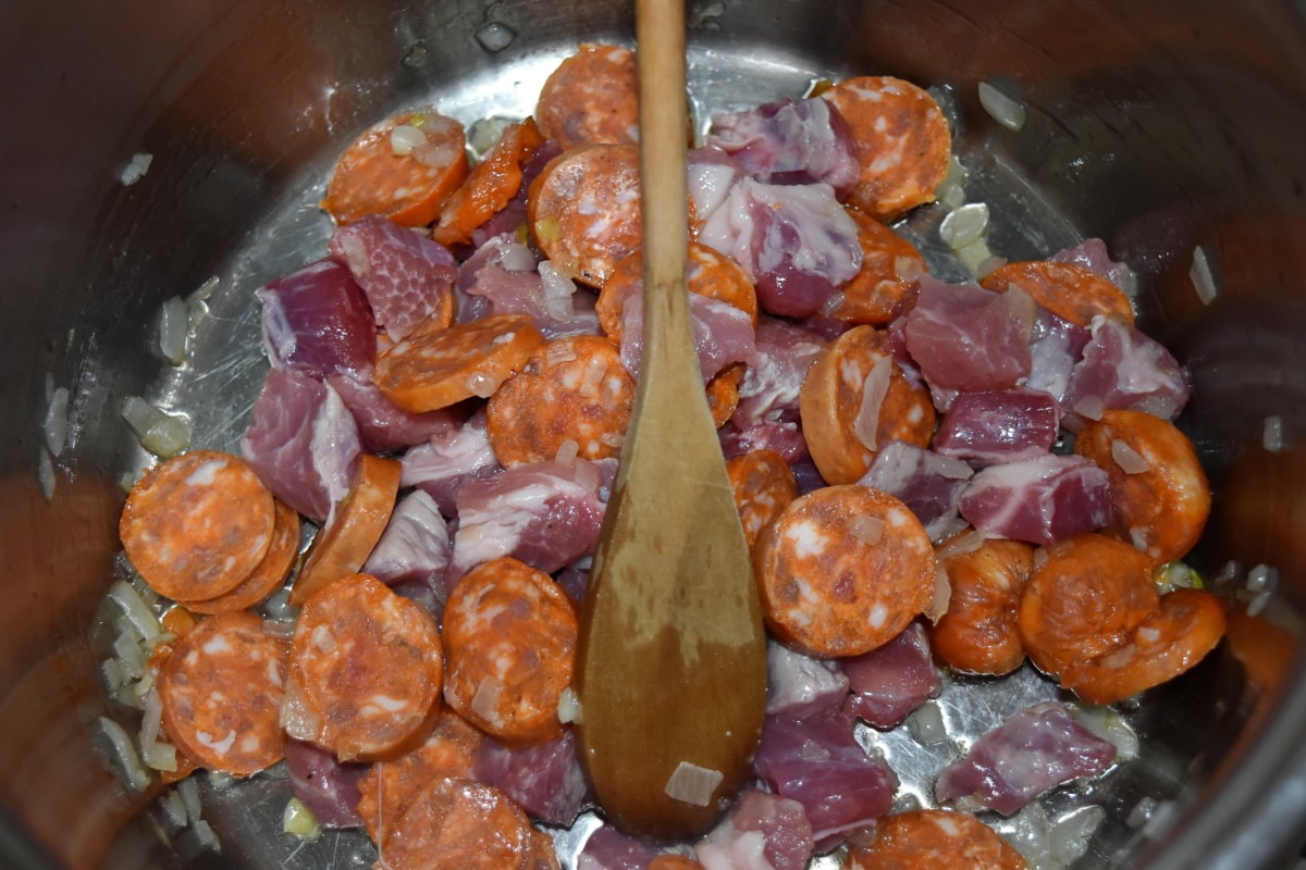 cooking, healthy, kitchenware, onion, pork, raw meat, sausage, spoon, stew meat, dinner