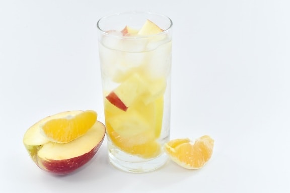 Alma, gyümölcslé, grapefruit, jég-kristály, folyadék, mangó, szeletek, üveg, ital, hideg