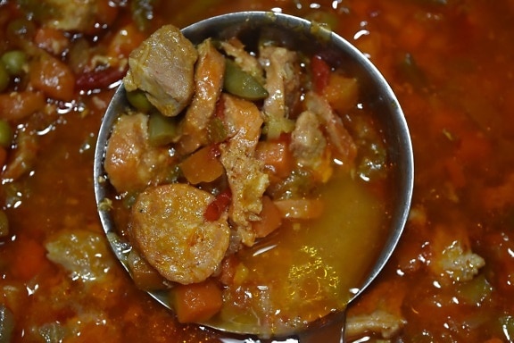 chili, delicious, lunch, pepperoni, sausage, stew, stew meat, vegetable, meat, meal