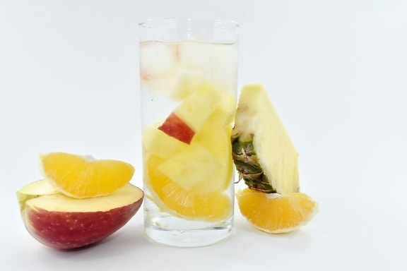 apple, citrus, cold water, fresh water, fruit cocktail, fruit juice, ice, pineapple, glass, fruit