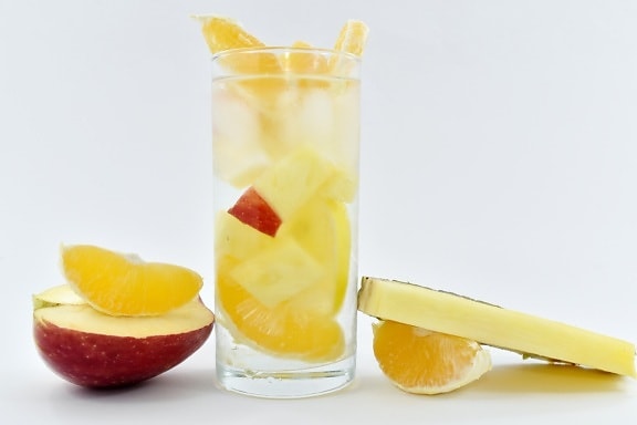 apple, fruit cocktail, fruit juice, mango, pineapple, slices, fruit, drink, glass, juice