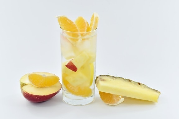 manzana, coctel de frutas, jugo de fruta, cristal de hielo, mandarín, piña, rebanadas de, bebida, vidrio, alimentos