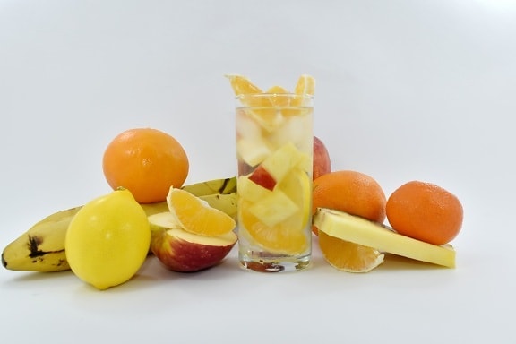 banan, owoców cytrusowych, zimnej wody, koktajl owoców, pomarańcze, ananas, słodkie, zdrowe, pomarańczowy, owoce