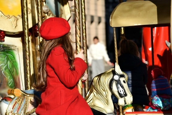 beautiful, carnival, carousel, child, elegant, hat, toy, people, festival, street