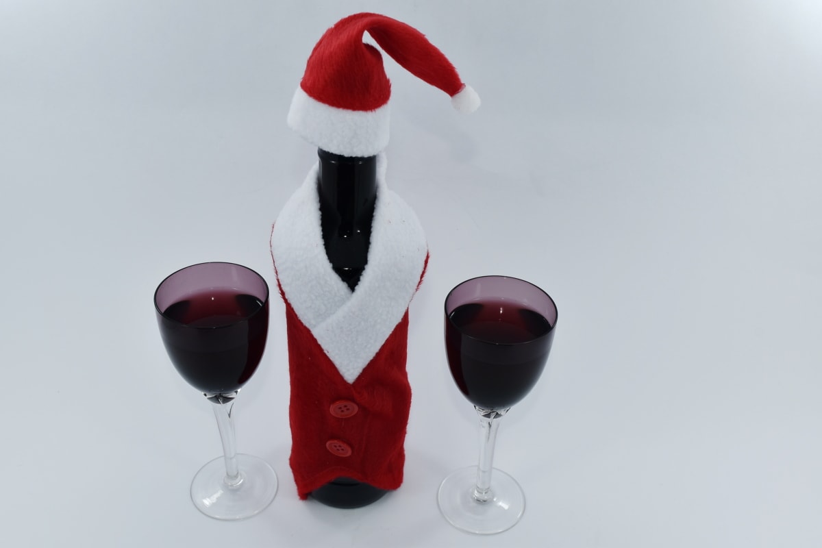 Kerst, bril, rode wijn, Santa, glas, wijn, vloeistof, drankje, viering, fles