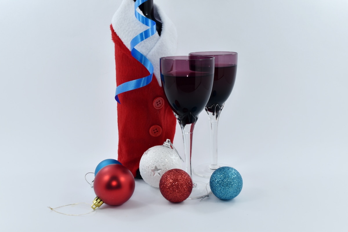 botella, celebración, Champagne, Navidad, cristal, decoración, ornamento de, partido, vino tinto, Santa