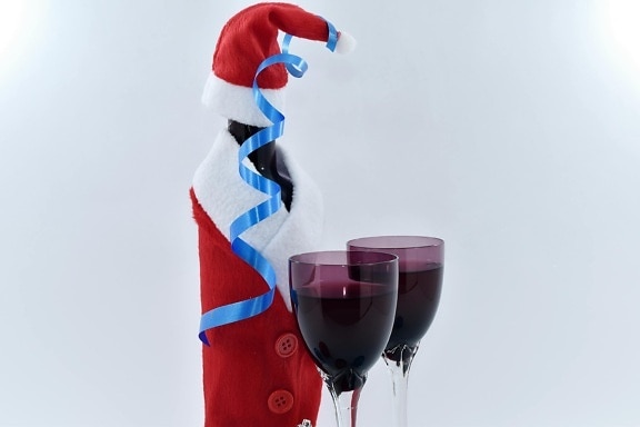 christmas, decoration, glass, red wine, ribbon, santa, drink, wine, beverage, alcohol