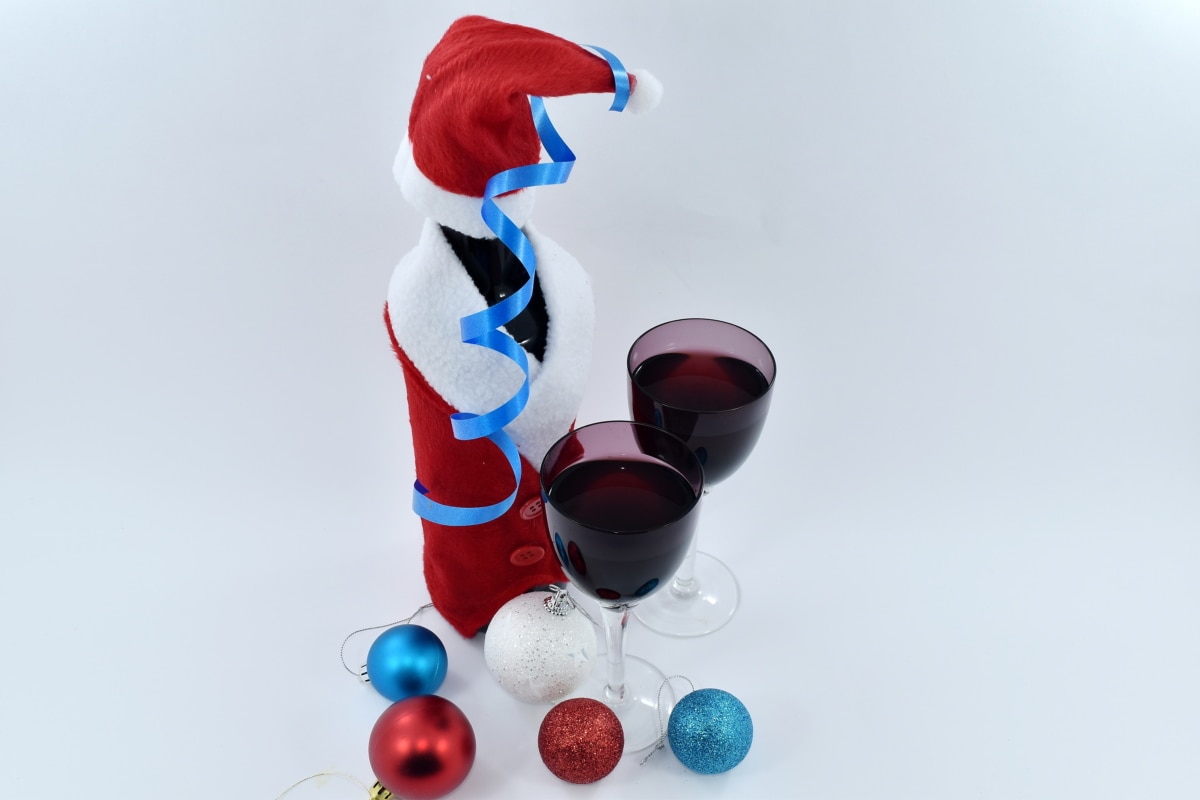 flaska, jul, eleganta, Rolig, semester, prydnad, parti, rött vin, Santa, glas