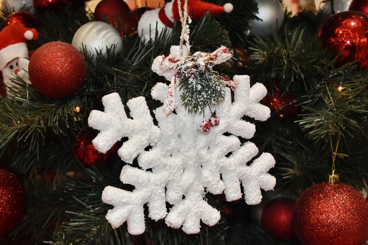 julgran, hängande, semester, inredning, snöflinga, leksaker, firande, dekoration, lysande, jul