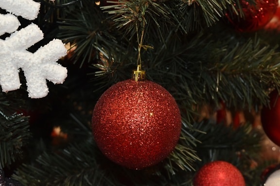 christmas tree, ornament, red, shining, snowflake, christmas, interior design, decoration, hanging, conifer
