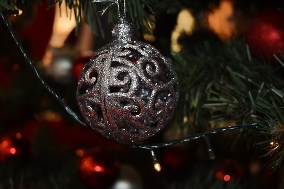 christmas, christmas tree, grey, lights, ornament, shining, sphere, tradition, wire, interior design