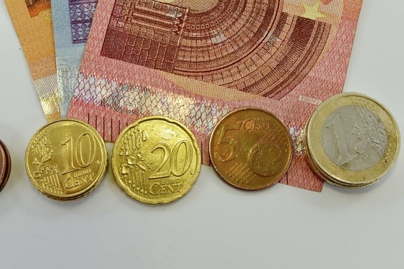 钞票, 硬币, 欧元, 欧洲, 金色光芒, 纸币, 财务, 业务, 钱, 储蓄
