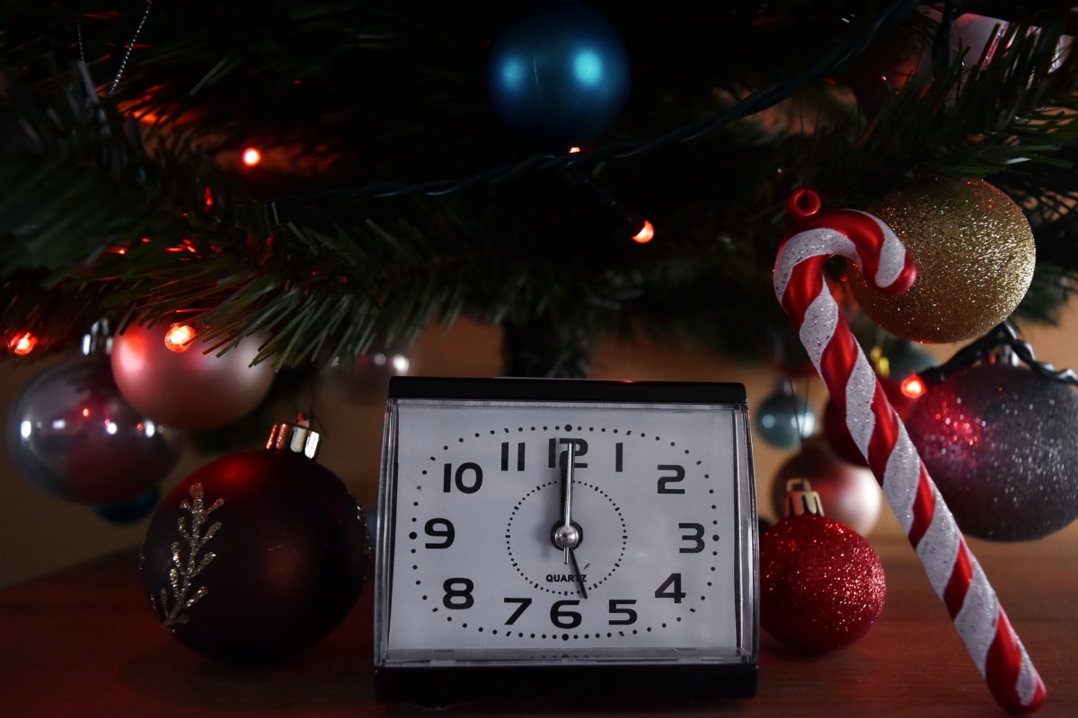 새해, 자정, 크리스마스 트리, 축 하, 시계, 시간, 장식, 인테리어 디자인, 빛, 계시 기