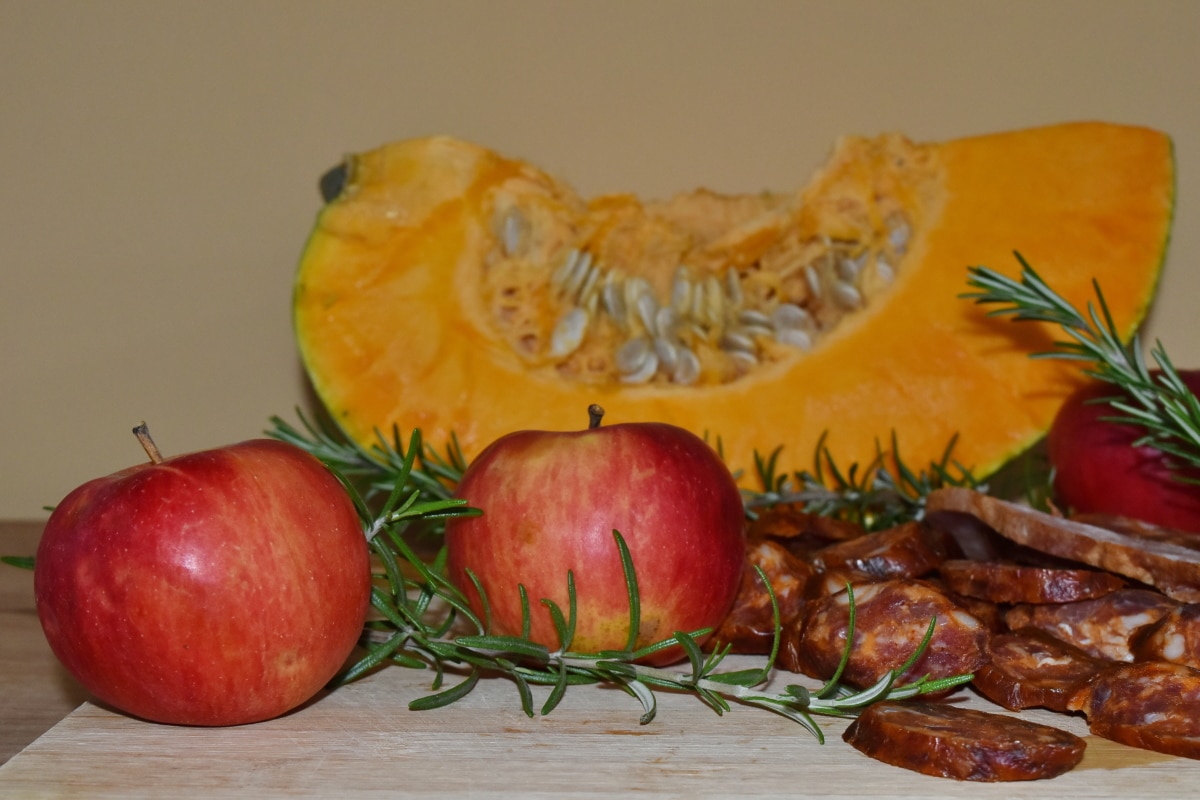 apples, ingredients, organic, pumpkin, rosemary, sausage, fruit, food, produce, fresh