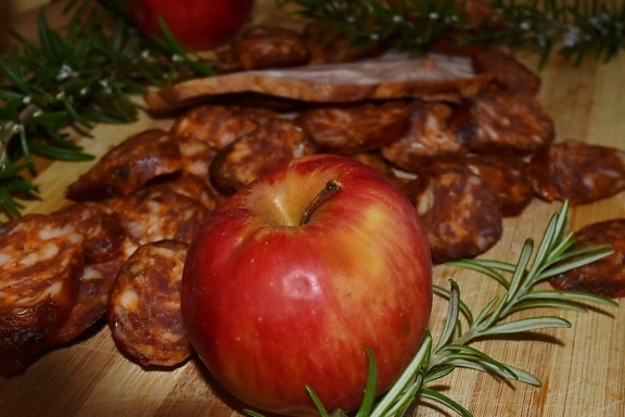apple, garnish, meal, meat, rosemary, sausage, fruit, food, delicious, dinner