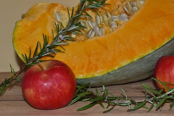 jablká, vetvička, tekvica, tekvicové semienka, zátišie, produkujú, vitamín, jedlo, čerstvé, oranžová