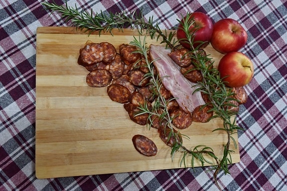 apples, food, kitchen table, meat, pork, pork loin, preparation, sausage, still life, onion