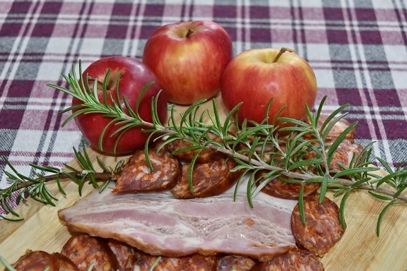 appetizer, apples, bacon, culinary, kitchen table, meal, sausage, food, cooking, delicious