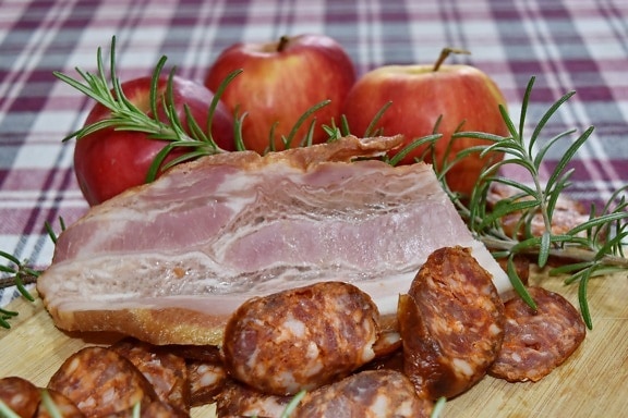 apples, delicious, fat, kitchen table, meat, pork, pork loin, sausage, plate, meal