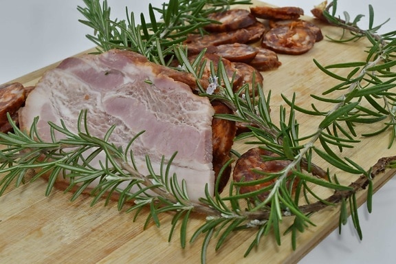 branchlet, decorative, pork, pork loin, sausage, spice, meal, vegetable, dinner, plate