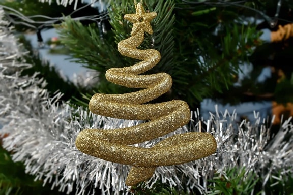 jul, julgran, gyllene glöd, gyllene shiner, lysande, stjärnigt, träd, dekoration, tall, firande