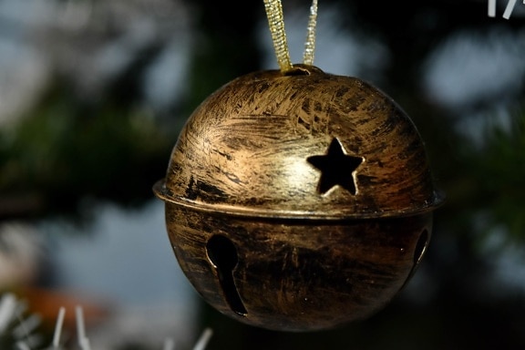 brons, jul, julgran, dekoration, hängande, klocka, traditionella, gamla, Utomhus, trä