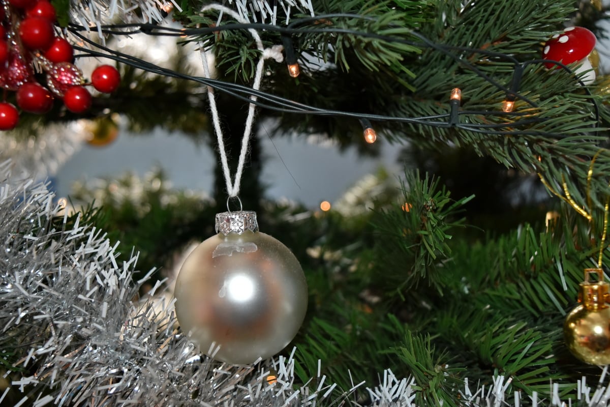 Karácsony, karácsonyfa, fény, Dísz, vezetékek, fa, téli, gömb, dekoráció, lógott