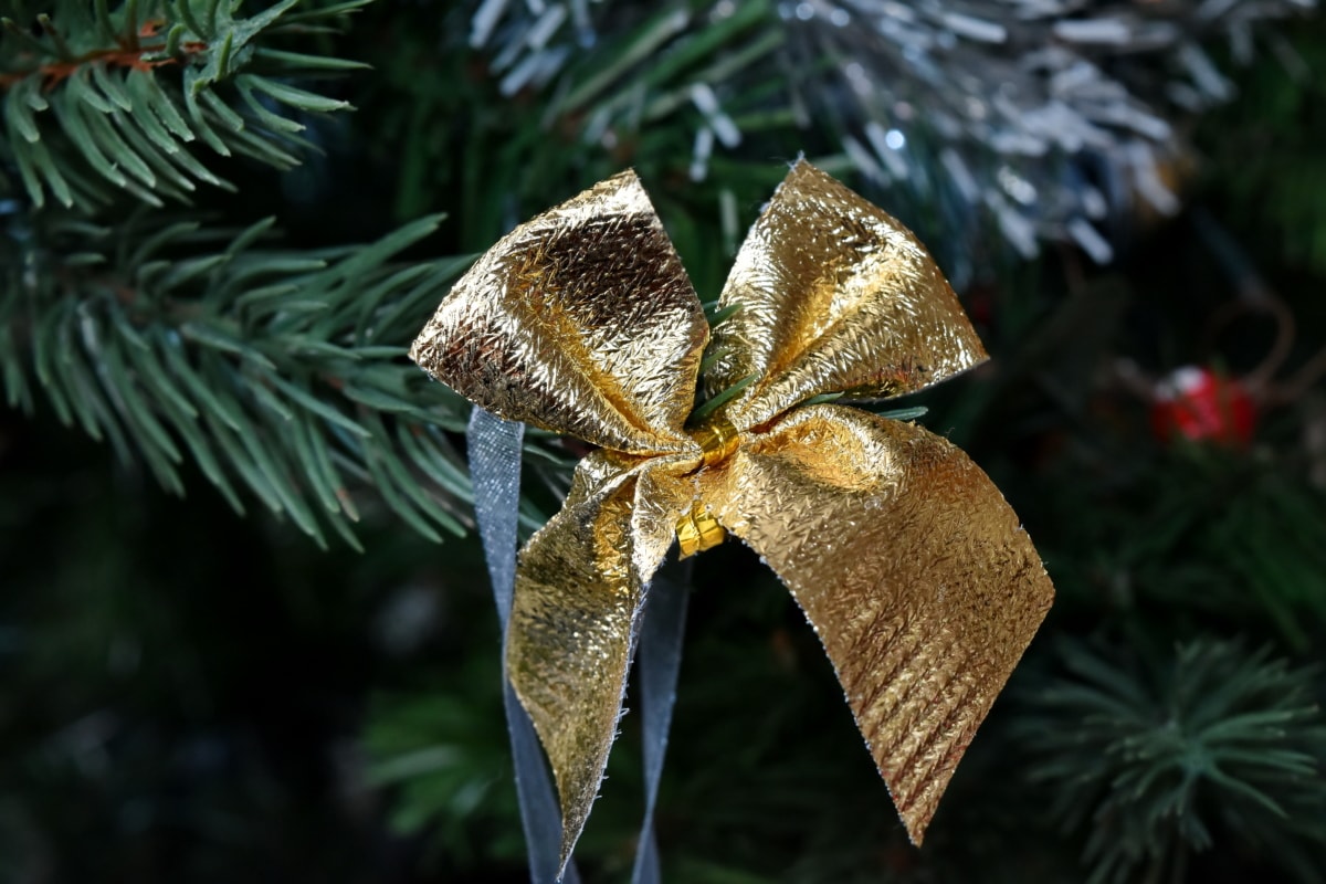 juletræ, gyldne glød, bånd, skinnende, jul, dekoration, træ, Boligindretning, fest, hængende
