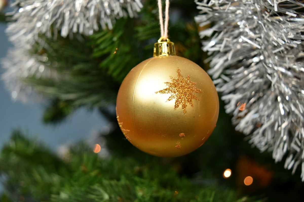 раождественская елка, золотой блеск, Золотой Шинер, новый год, орнамент, сияющий, празднование, повешение, золото, дерево