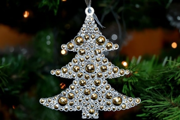 ljusa, jul, julgran, gyllene glöd, nyår, reflektion, firande, semester, stjärnigt, dekoration