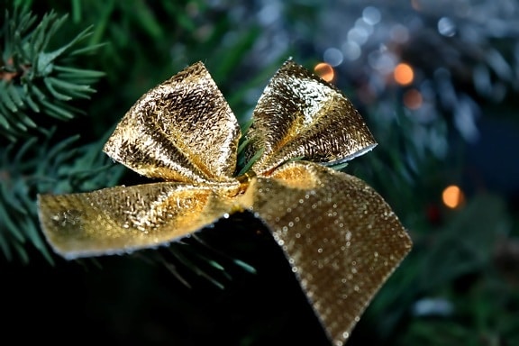 backlight, beautiful, branches, christmas tree, golden glow, ribbon, winter, christmas, decoration, celebration