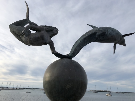 art, bronze, dolphin, handmade, sculpture, sea, sea boat, statue, woman, water