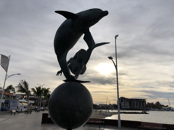 bronze, sculpture, woman, dolphin, water, museum, sea, people, city, beach