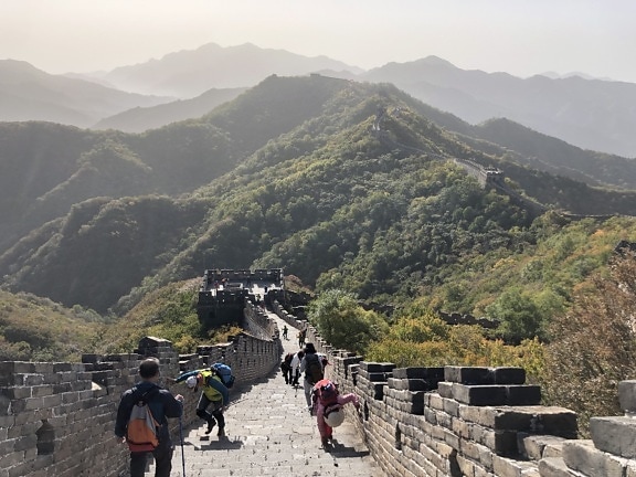 Kina, kinesisk, publikum, utmerket, folk, turisme, turist, vegg, fjell, høyt land