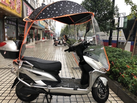 moped, motorcycle, protection, rain, scooter, equipment, vehicle, wheel, street, city