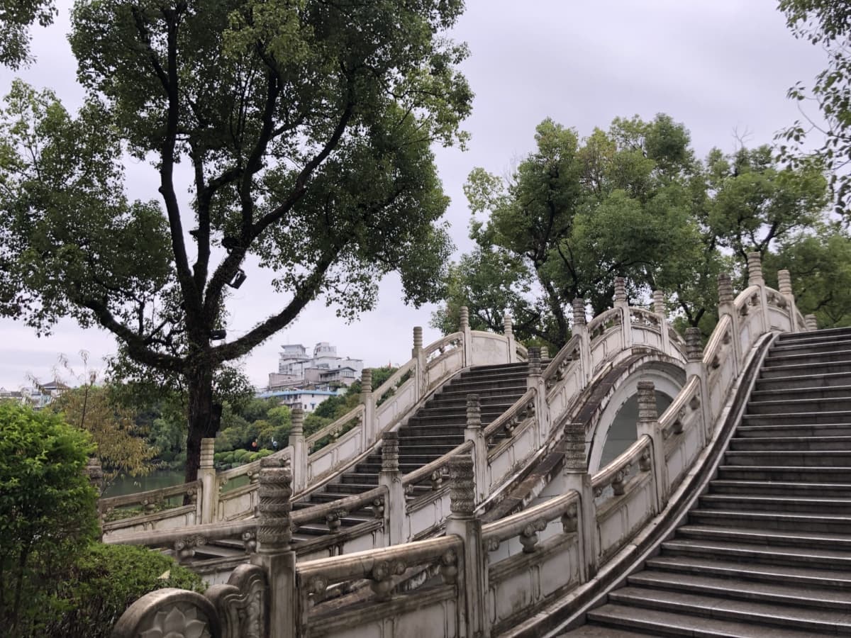 Asya, Çin, merdiven, merdiven, geleneksel, Park, ağaç, yol, yürüyüş, mimari