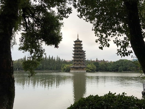 castle, China, chinese, culture, exterior, heritage, tall, temple, shrine, lake