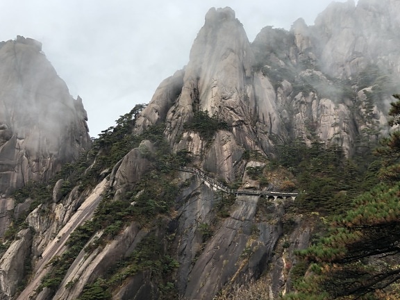 Asia, bridge, cliff, high land, mist, mountain peak, mountain, rock, park, landscape