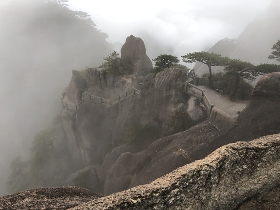 Asia, cliff, mist, slope, tourist attraction, fog, mountain, landscape, nature, rock