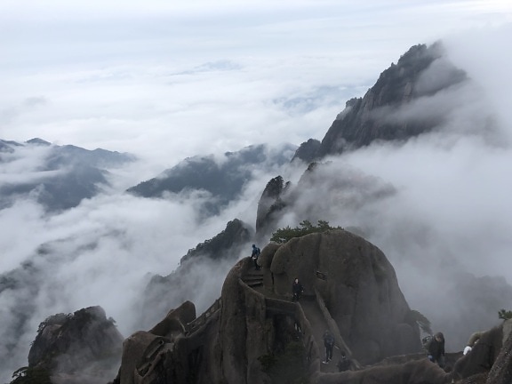 Ασία, Κίνα, συμπύκνωση, ομίχλη, ορειβασία, κορυφή βουνού, άτομα, τουριστικό αξιοθέατο, βουνό, βουνά
