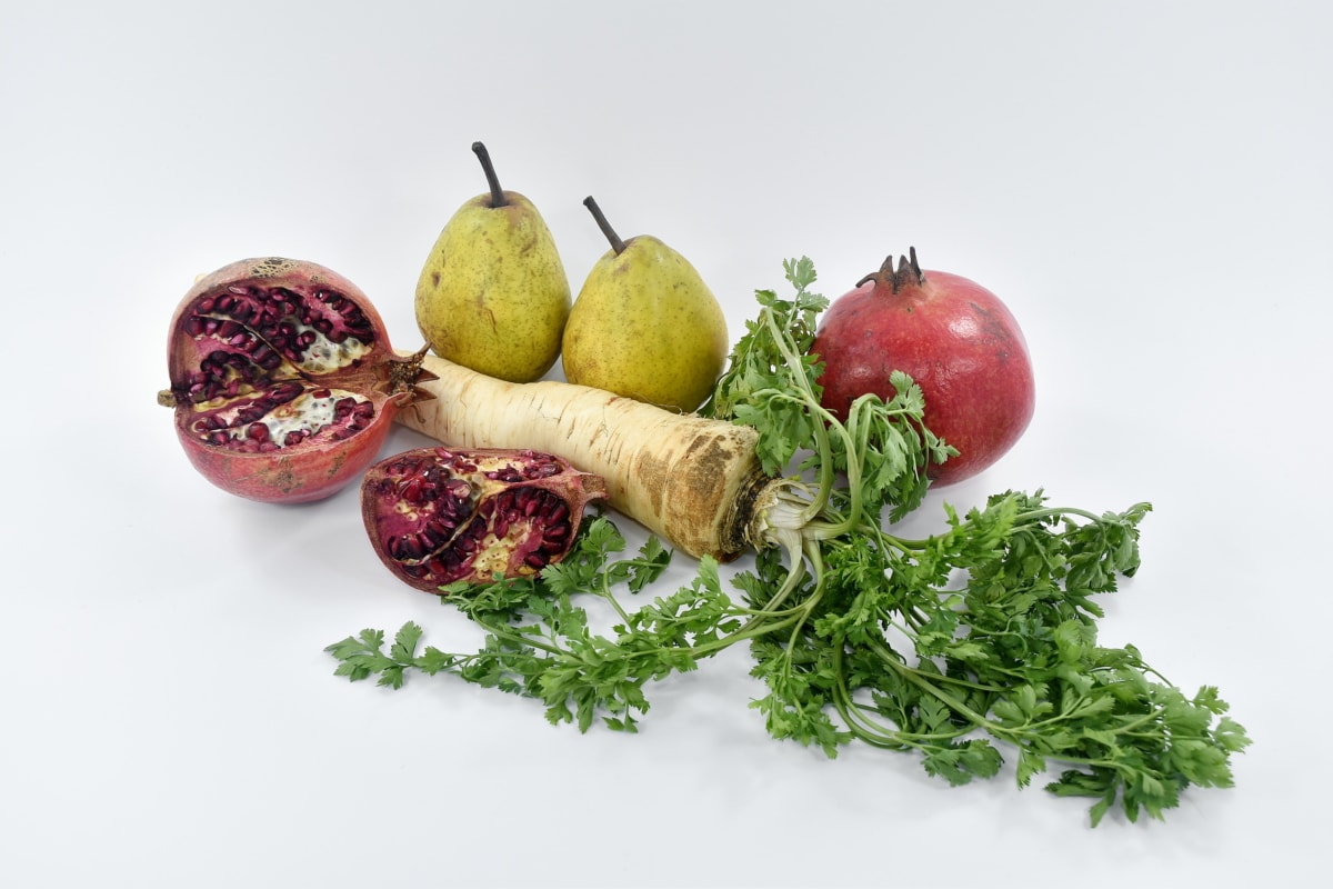 eating, garnish, organic, parsley, pears, pomegranate, vegan, vegetables, food, diet